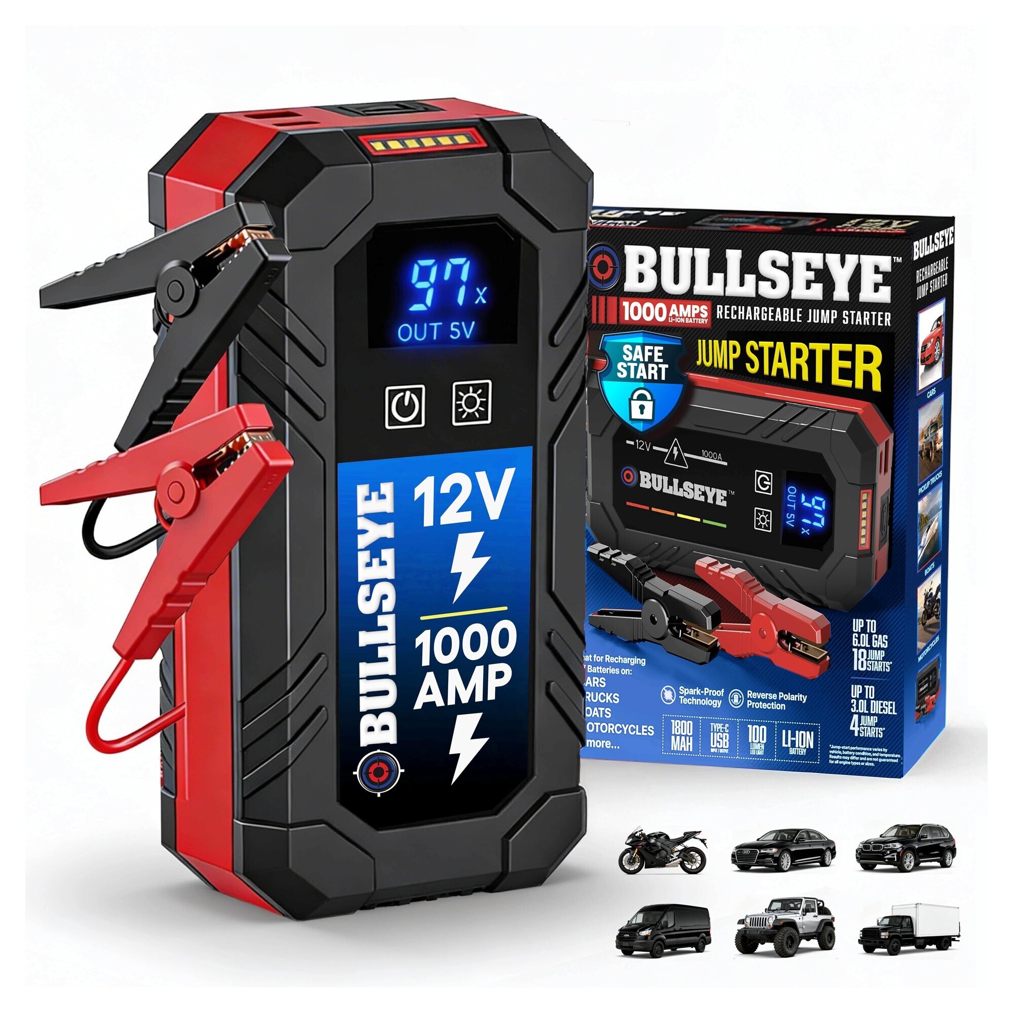 Bullseye Safety XL 1000A Car Jump Starter Box with Jumper Cables